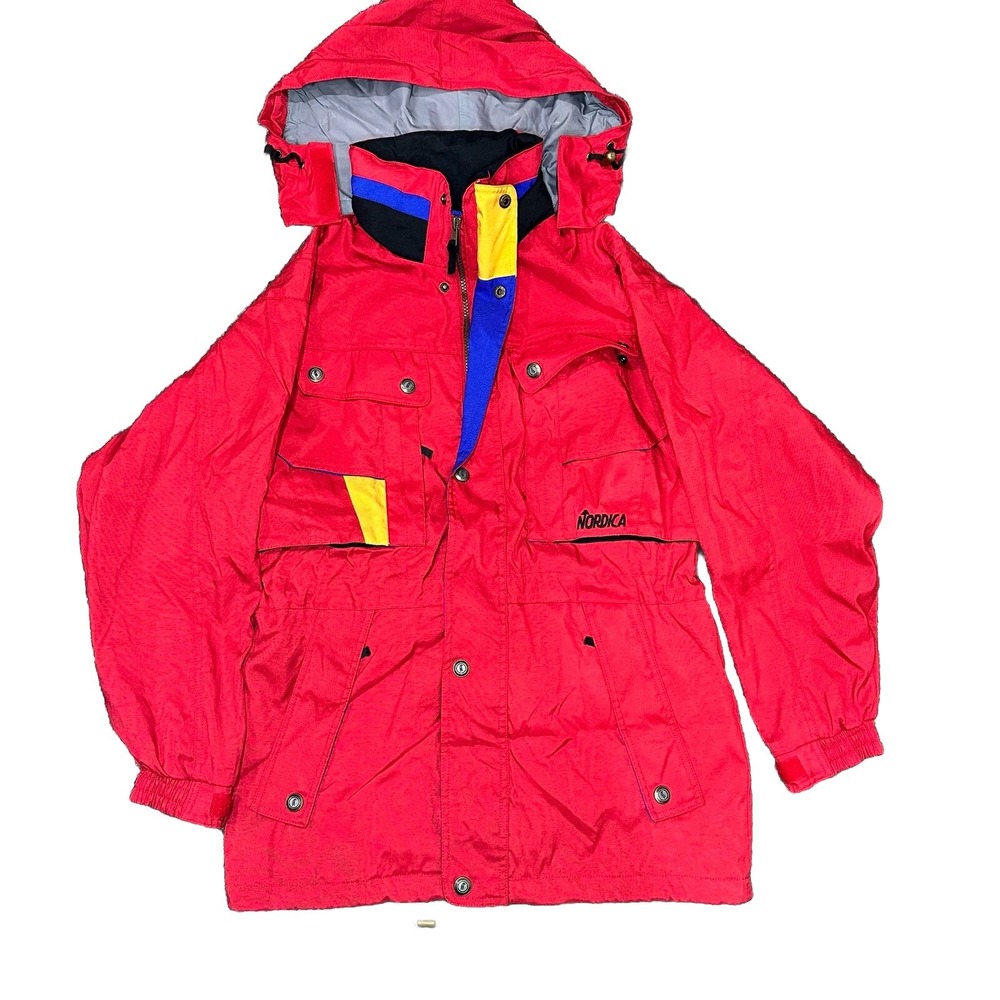 VINTAGE Nordica Jacket Women's Size 16 Red Parka Anorak Skiing Stowaway Hood 90s